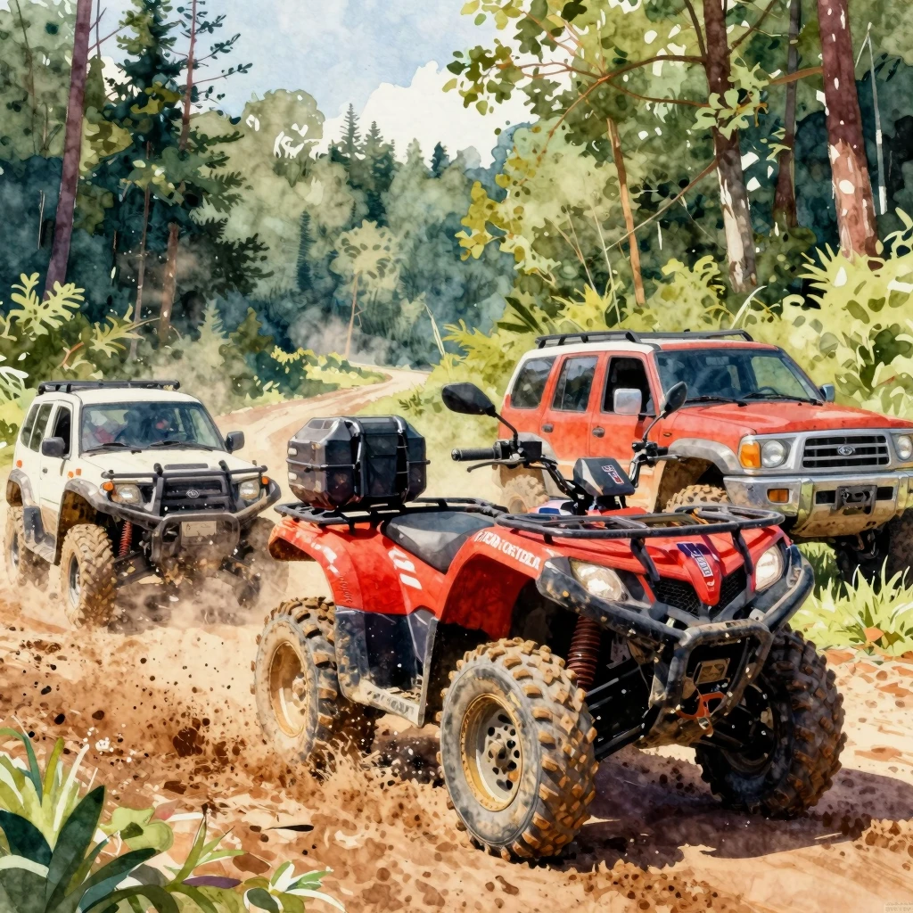 Vibrant watercolor style. Off-road rally, mud-splattered ATV...