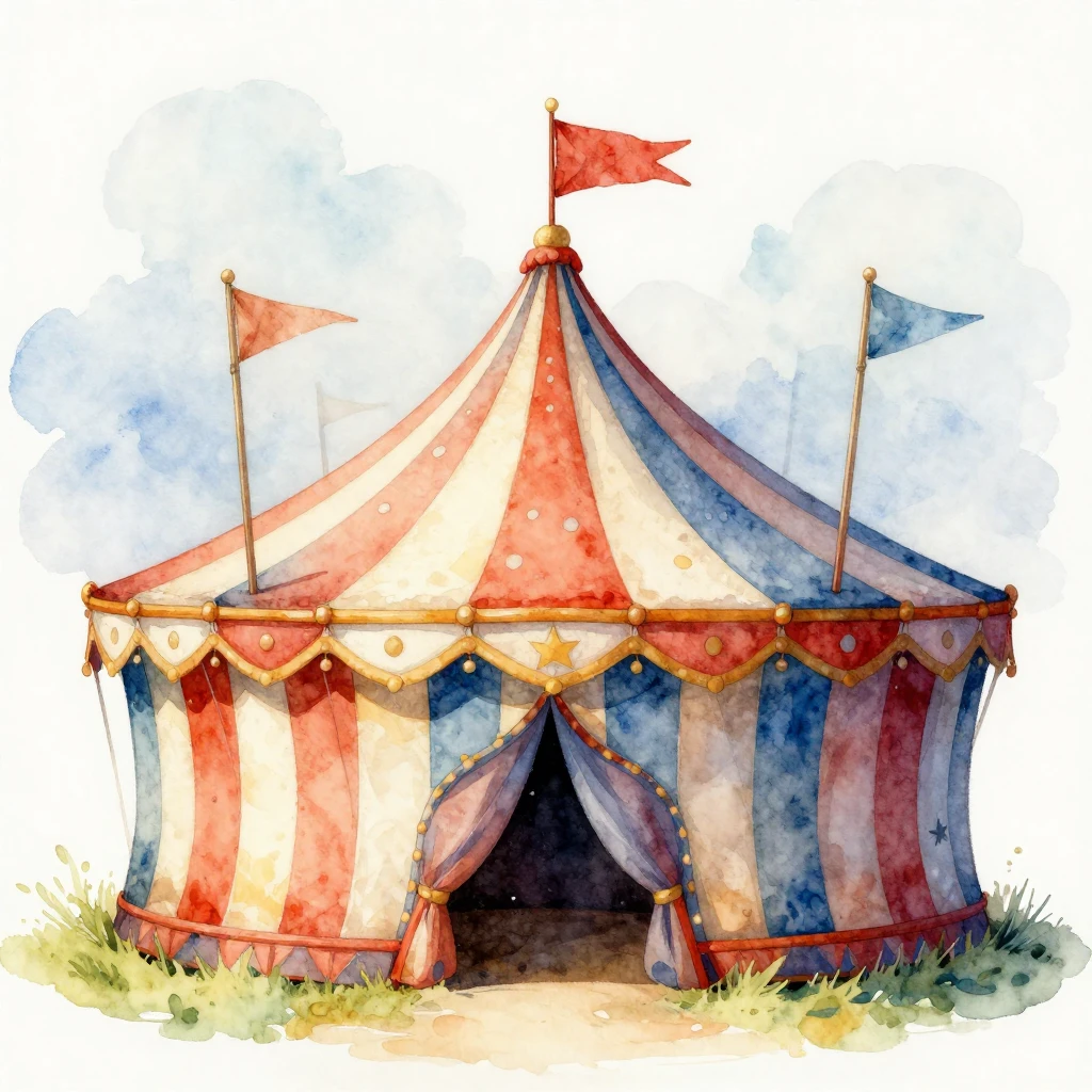 A vibrant, colorful circus tent, rendered with whimsical det...