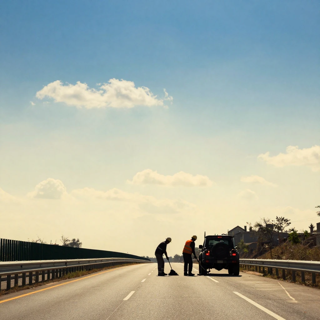 Silhouettes of three road workers in the distance, tending t...