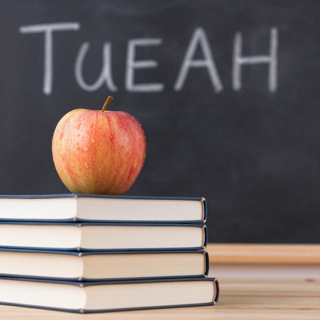 An apple on a stack of books with a blackboard in the backgr...