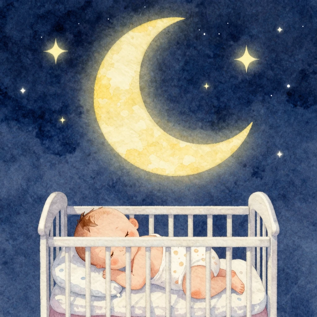 A soft watercolor illustration of a crescent moon over a sle...