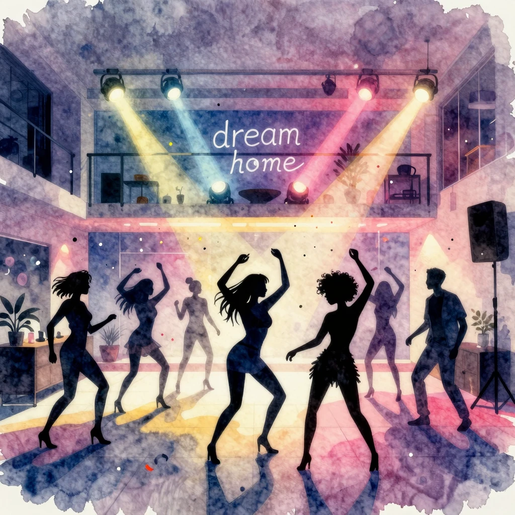 Vibrant watercolor style. High-energy dance party in a moder...