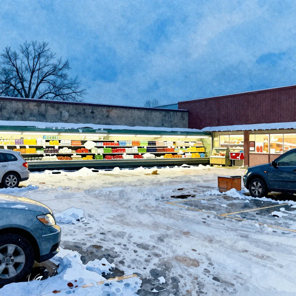 Vibrant watercolor style. A snowy, run-down supermarket park...