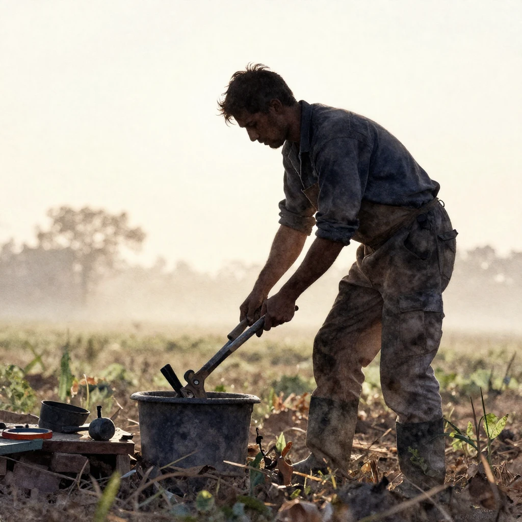 A watercolor silhouette of a man with tools, working diligen...