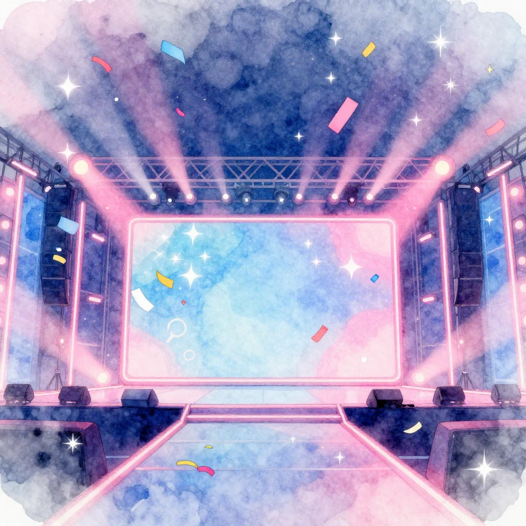 Watercolor style. Bright neon K-pop stage background, colorf...