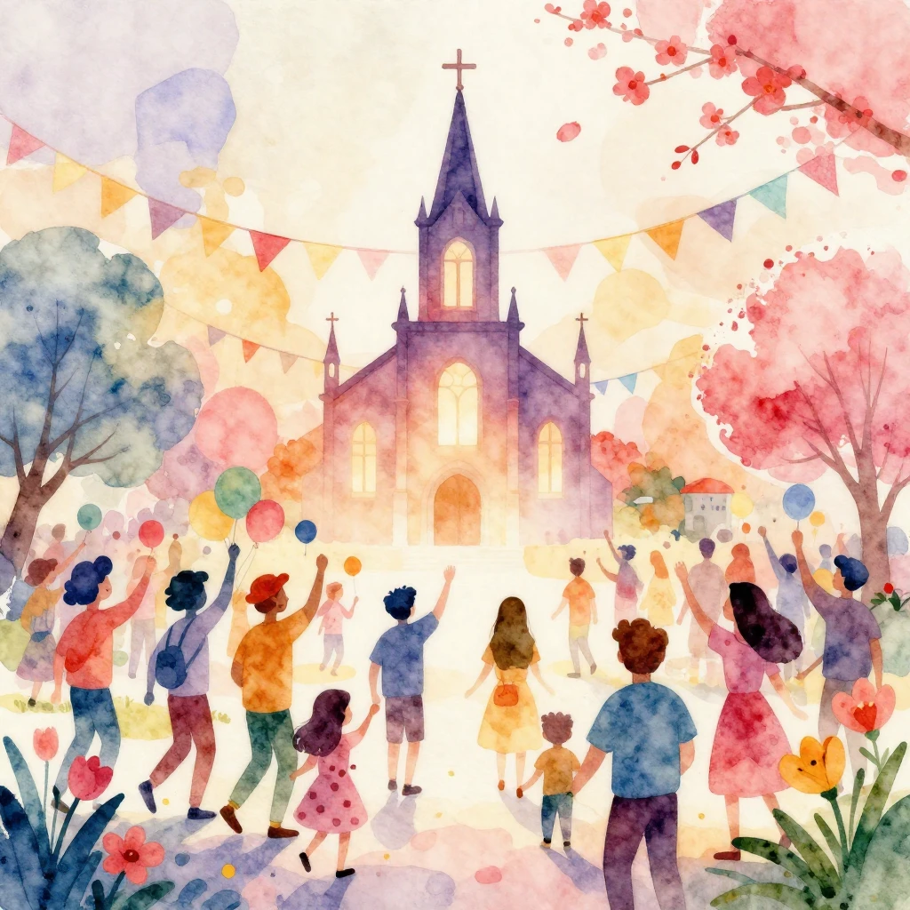 A vibrant watercolor illustration of a joyful festival. Styl...
