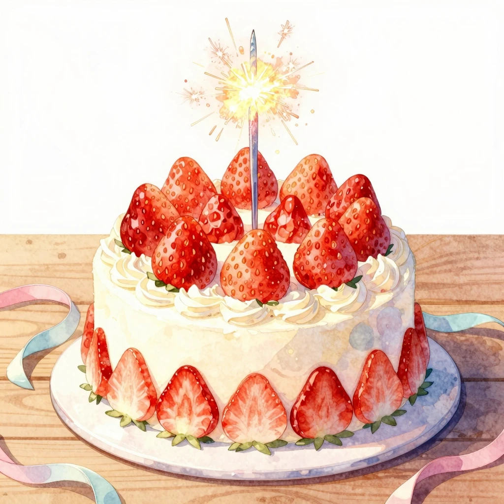 Watercolor style, strawberry birthday cake with fresh strawb...