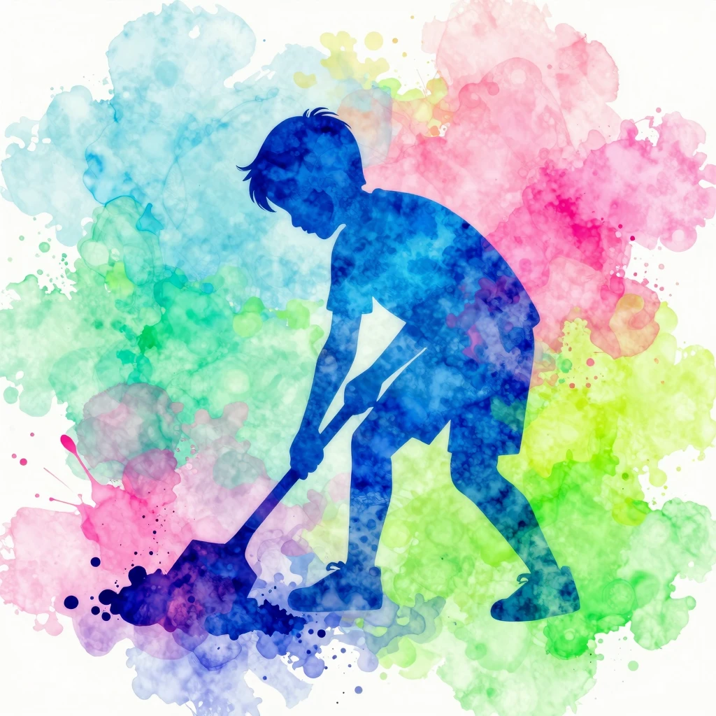 Abstract silhouette of a boy digging in a vibrant watercolor...