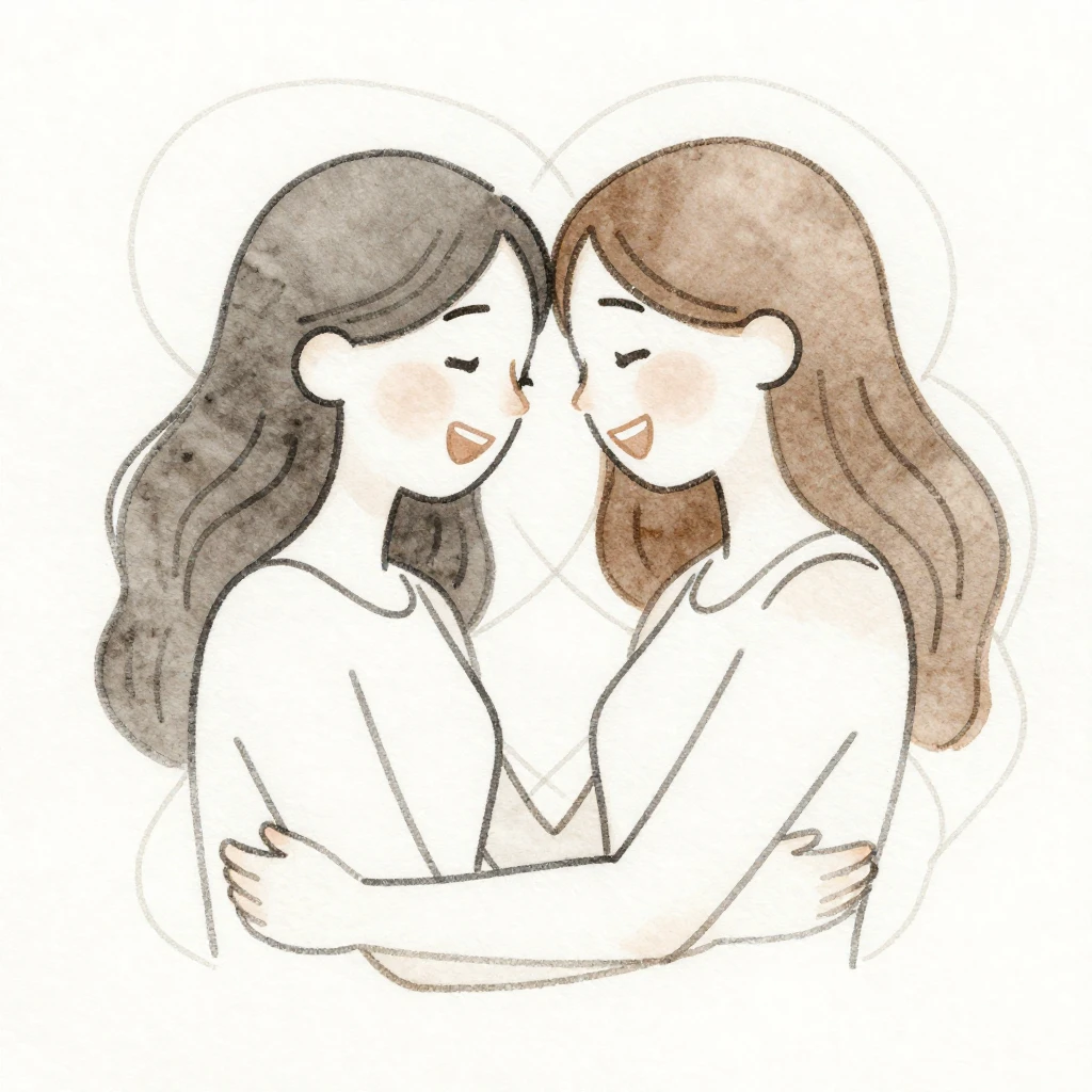 Two stylized figures, representing sisters, sharing a warm e...