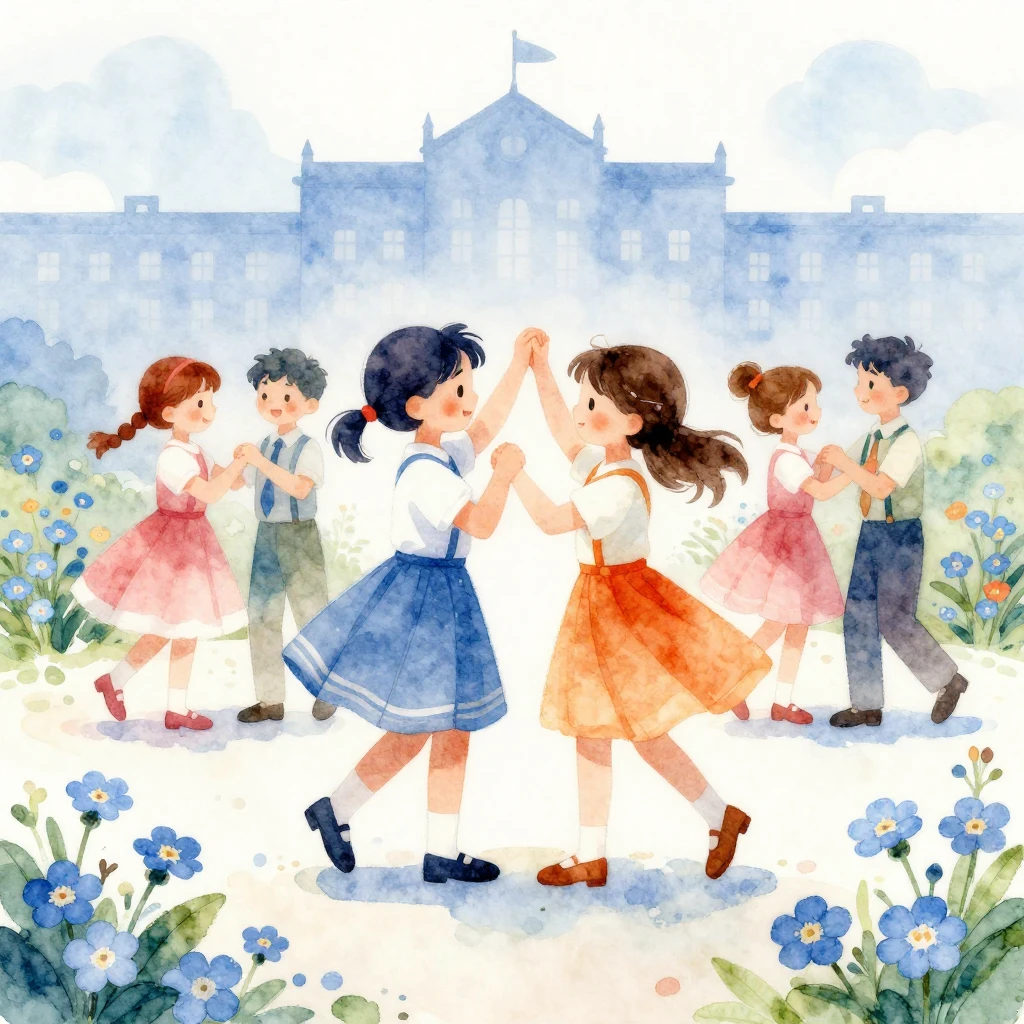 Vibrant watercolor style. Children dancing a farewell waltz,...