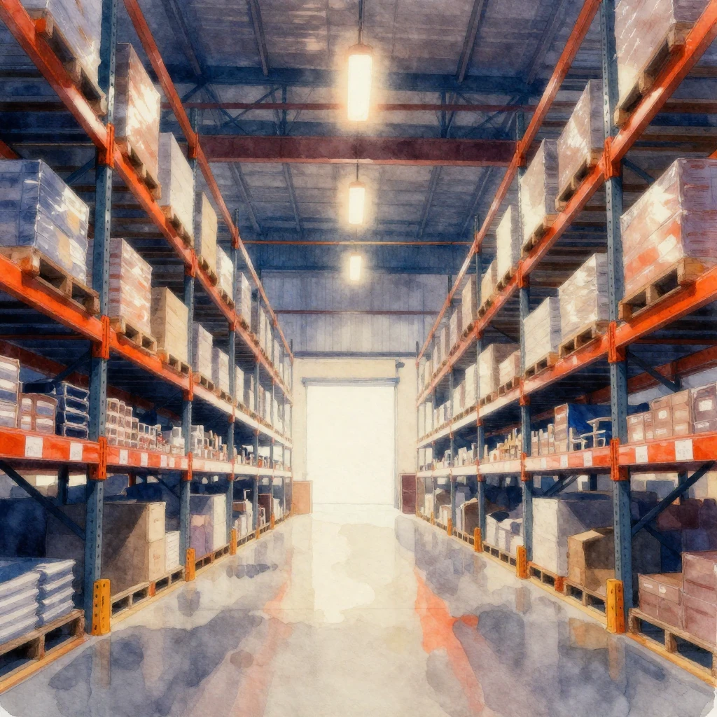 A watercolor silhouette of a modern warehouse interior with ...