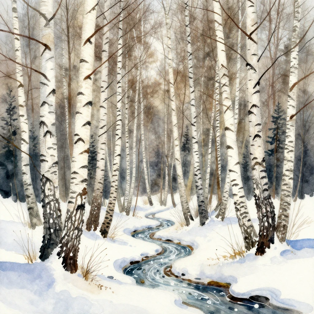 A serene birch grove in vibrant watercolor style, with tall,...