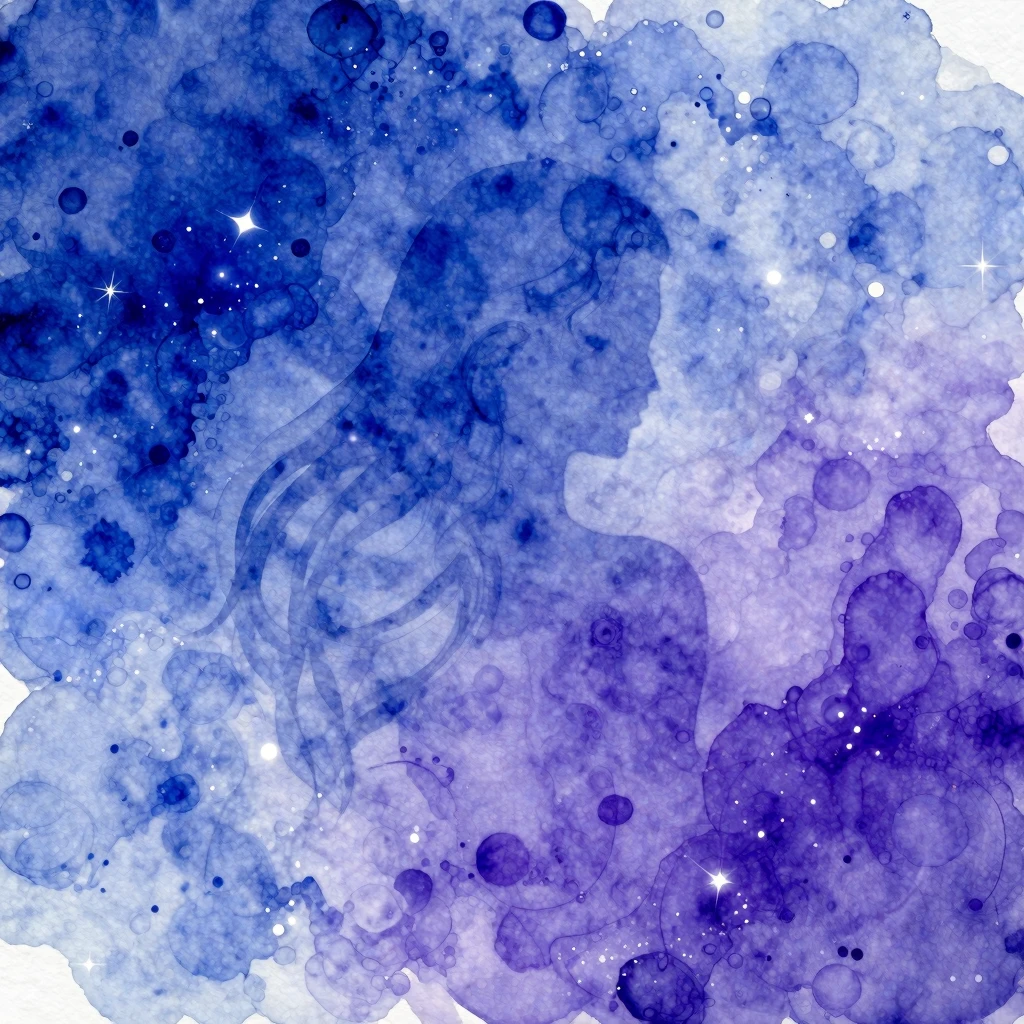 Vibrant watercolor style. Dreamy blue art, deep blue and pur...