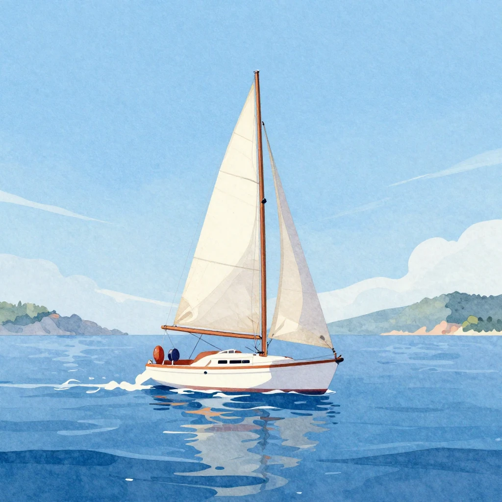 A vibrant watercolor illustration of a sailboat on a calm, b...