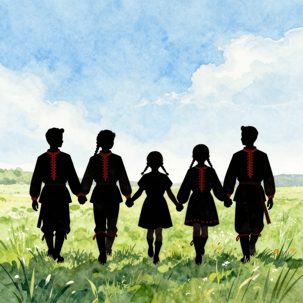 Silhouettes of children in traditional Cossack uniforms, hol...