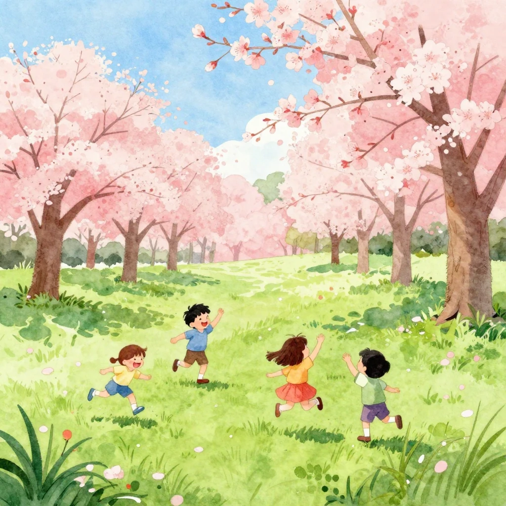 A vibrant watercolor painting depicting a joyful spring scen...