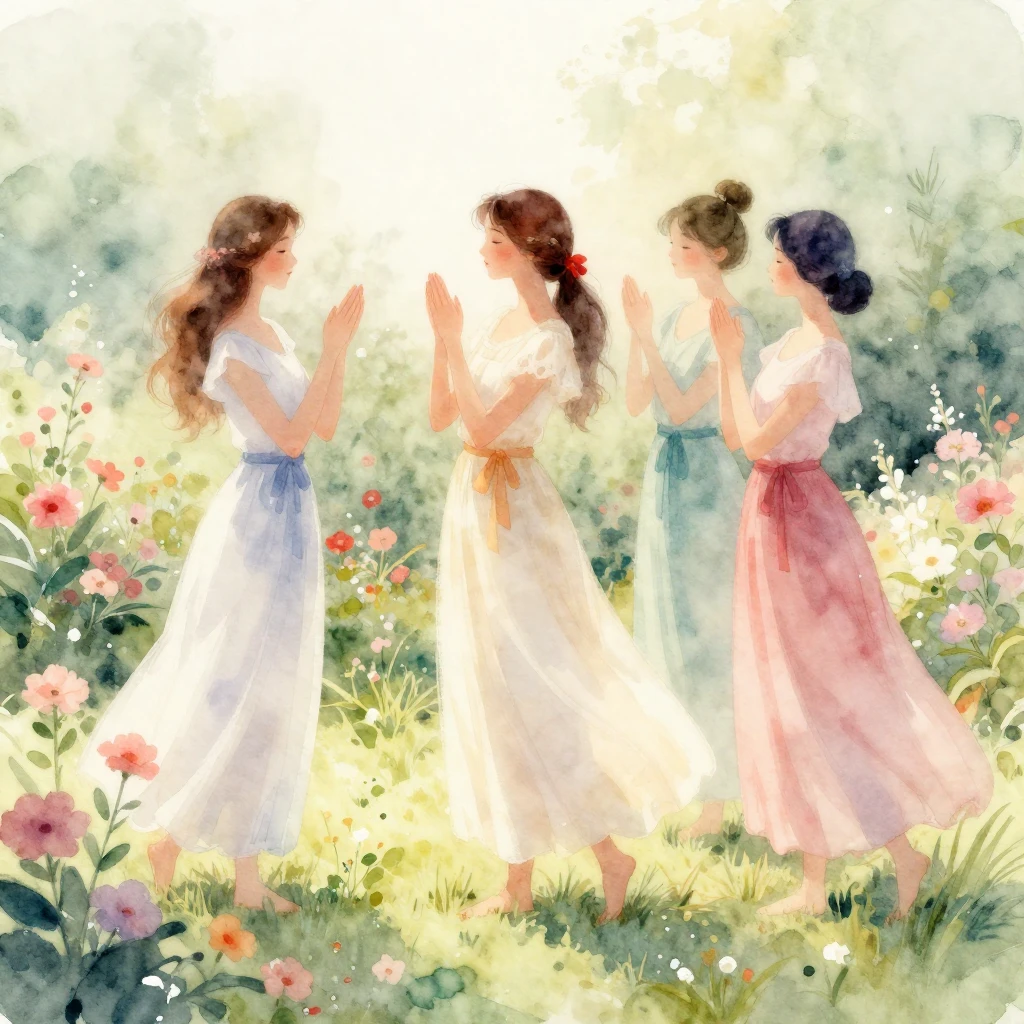 a dreamy watercolor painting of graceful women in a serene g...