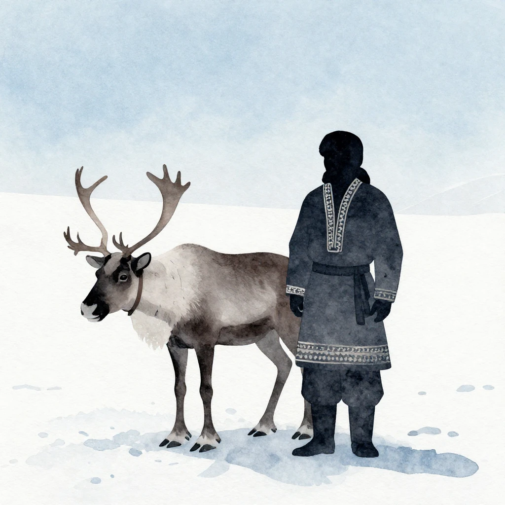 A watercolor silhouette of a person in traditional Sami clot...