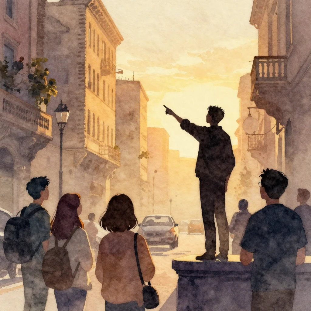 Watercolor painting of a silhouette of a tall guide pointing...