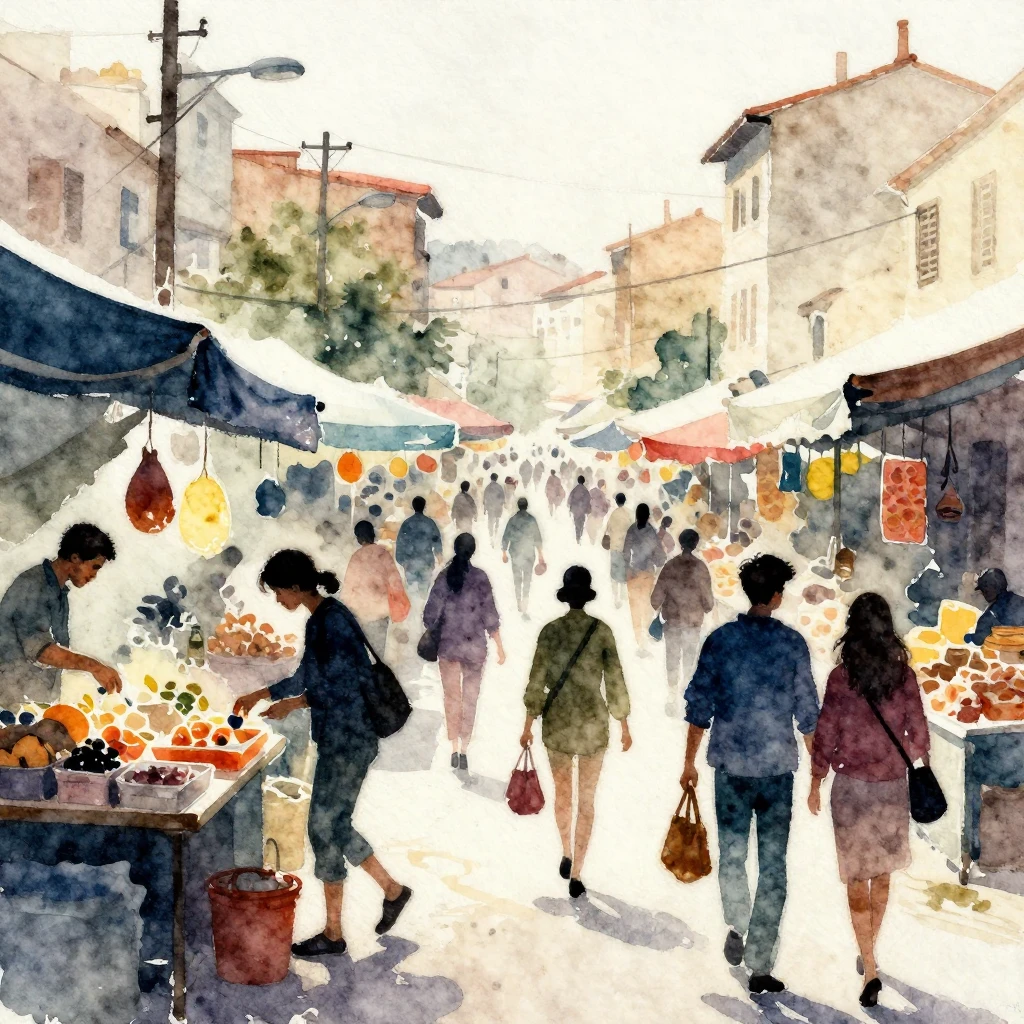 A vibrant watercolor painting of a bustling scene, full of m...