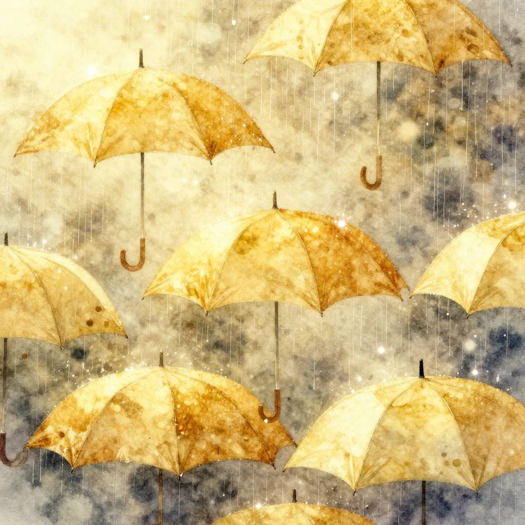 A watercolor painting featuring golden rain falling on umbre...