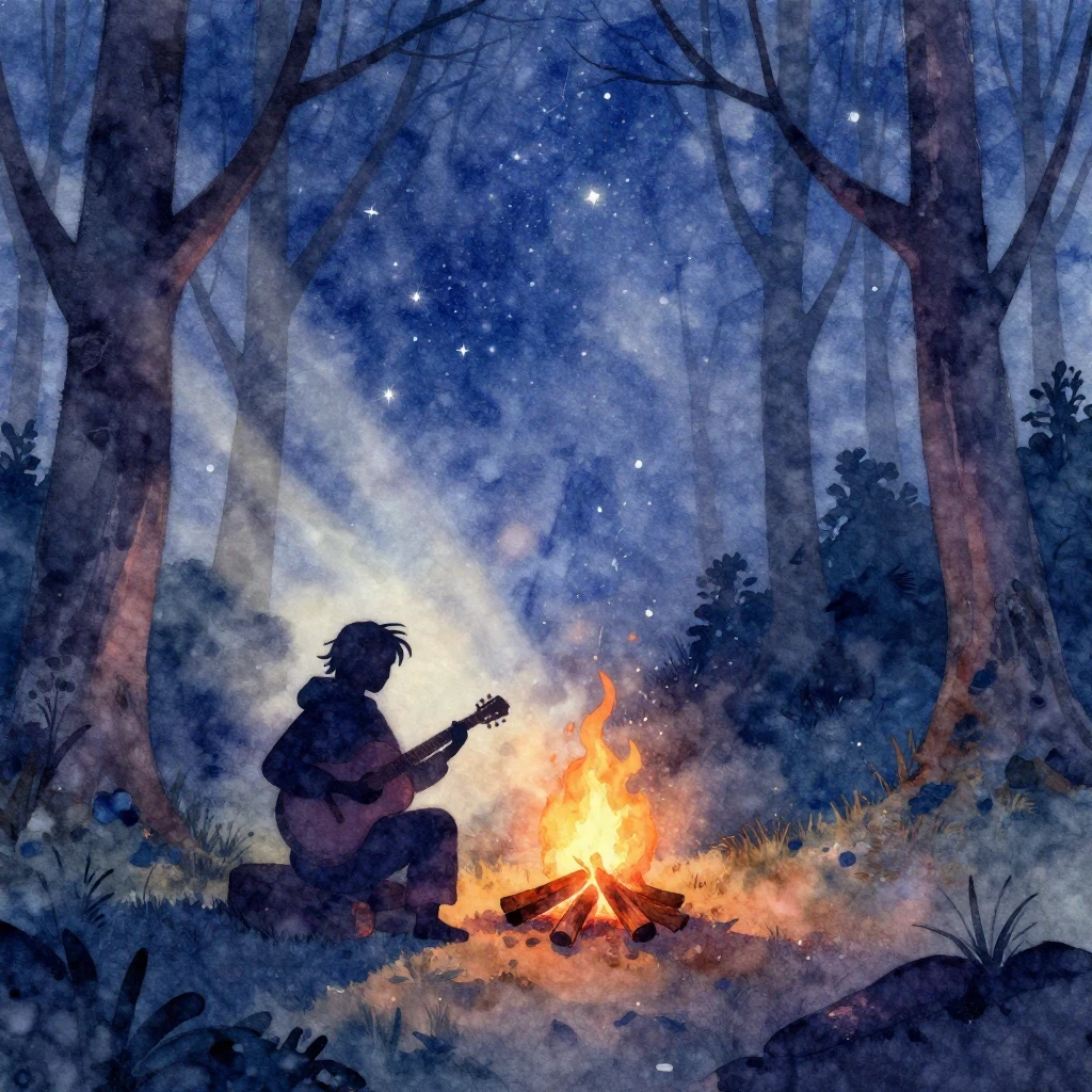 Vibrant watercolor style. A lone bard's silhouette by a camp...
