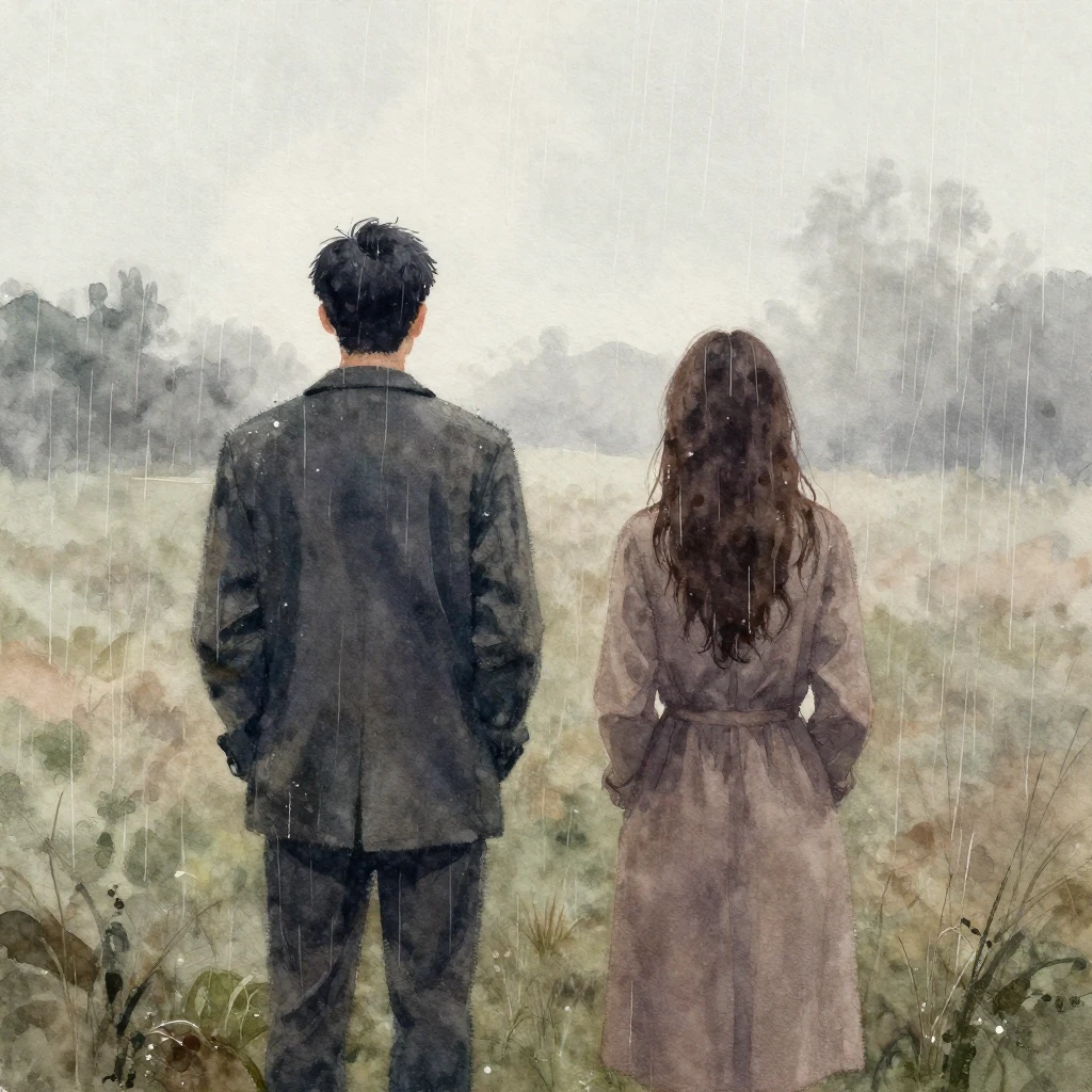 Watercolor painting of two figures, a man and a woman, stand...