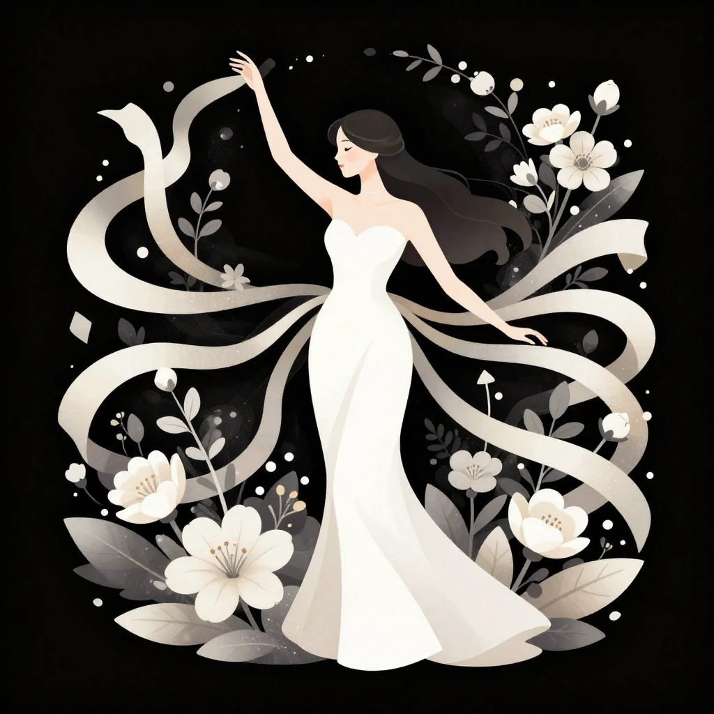 An elegant, stylized illustration of a woman surrounded by d...