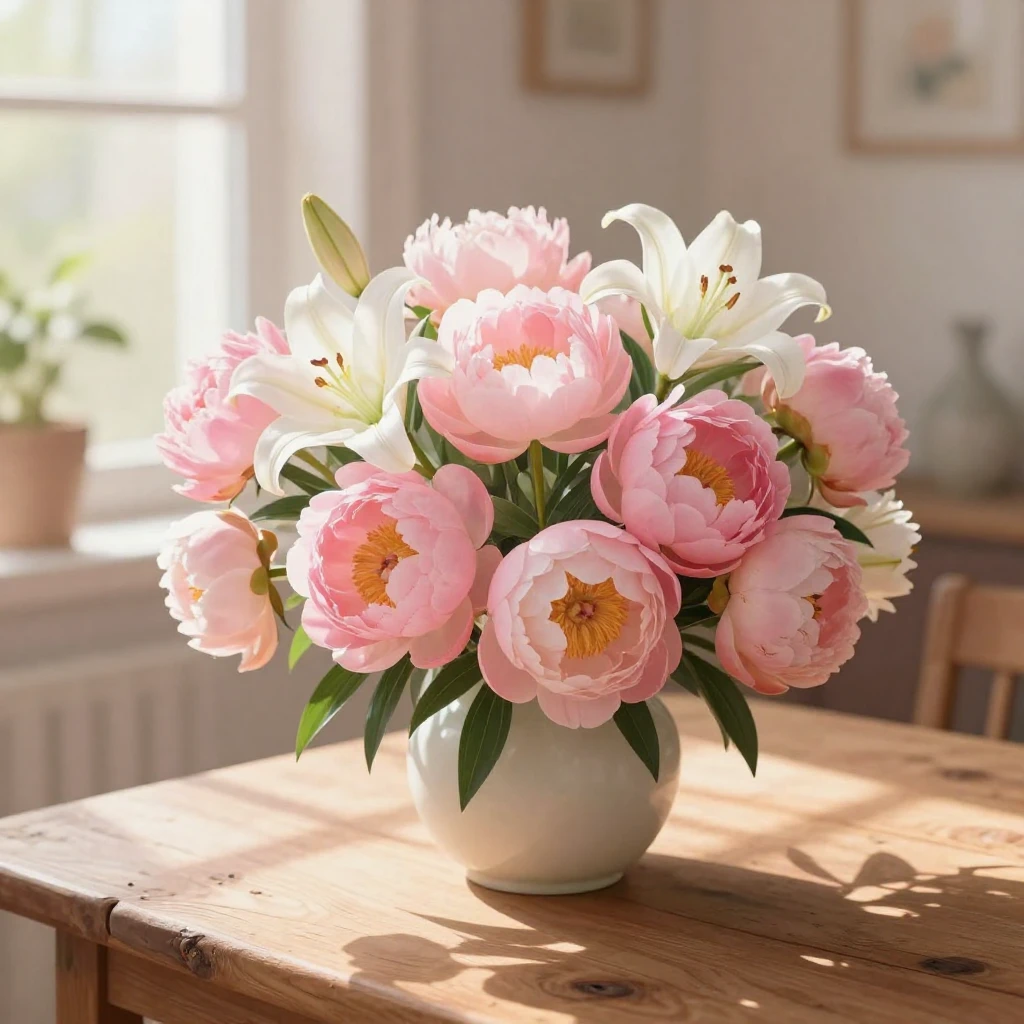 An artistic illustration of a lush bouquet featuring soft pi...