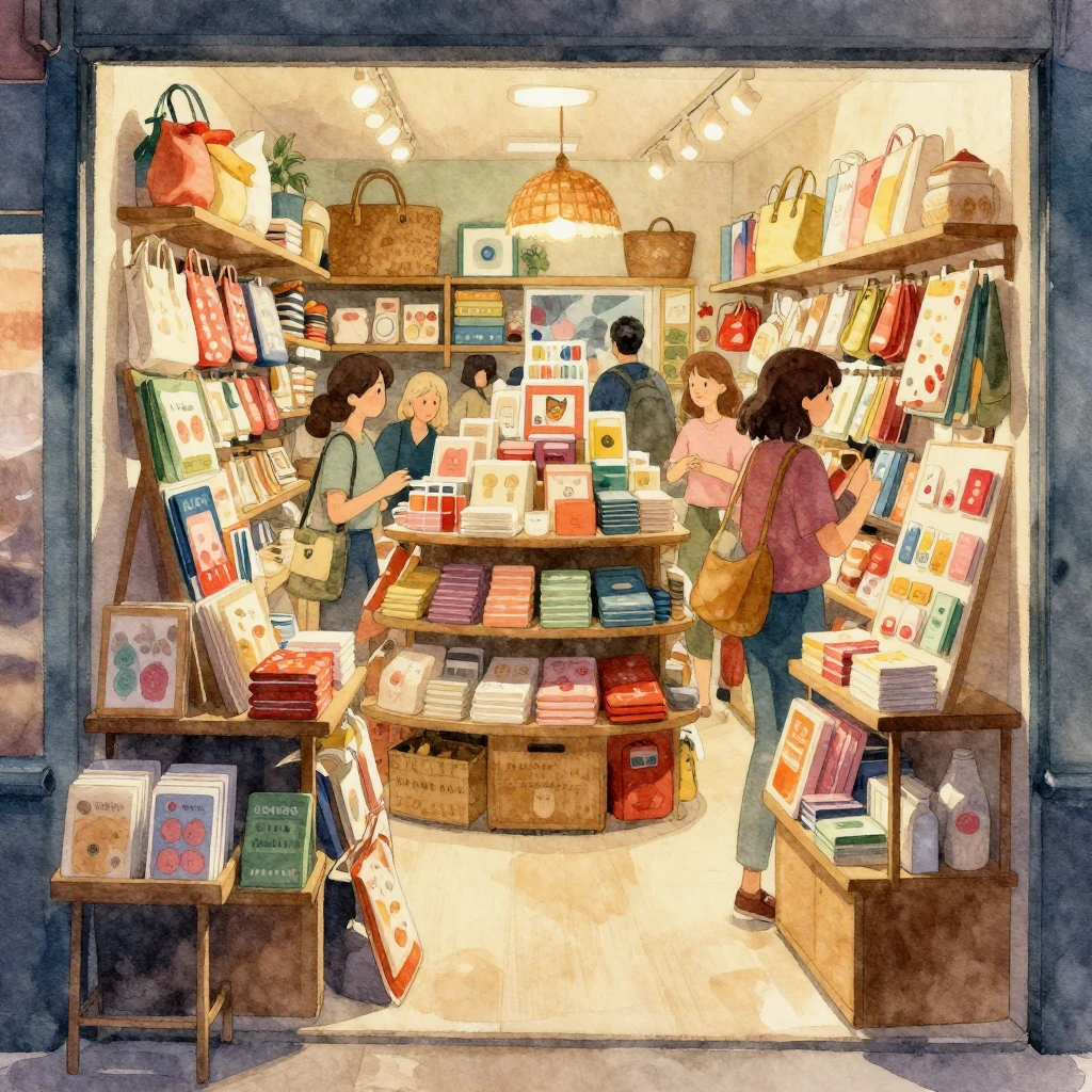 A vibrant watercolor illustration of a shop interior, overfl...