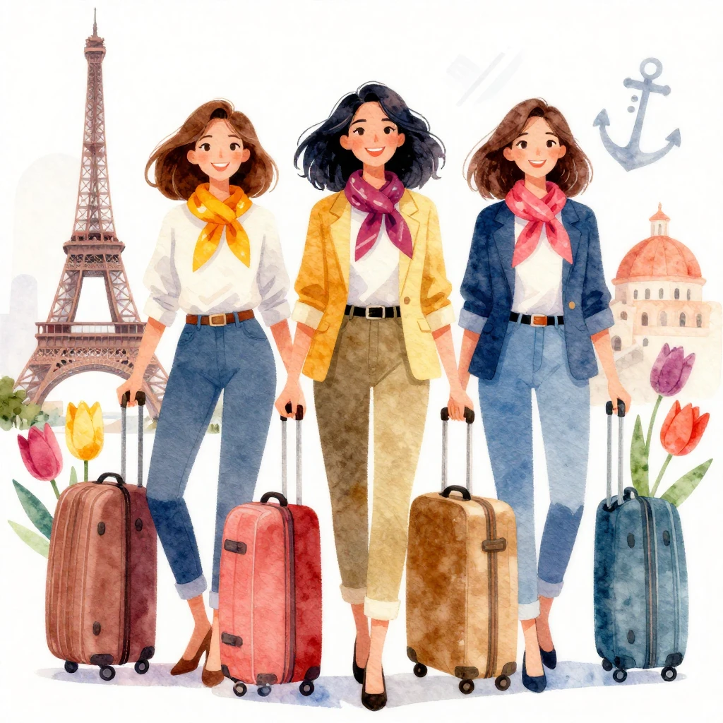 Vibrant watercolor illustration of stylish women with suitca...