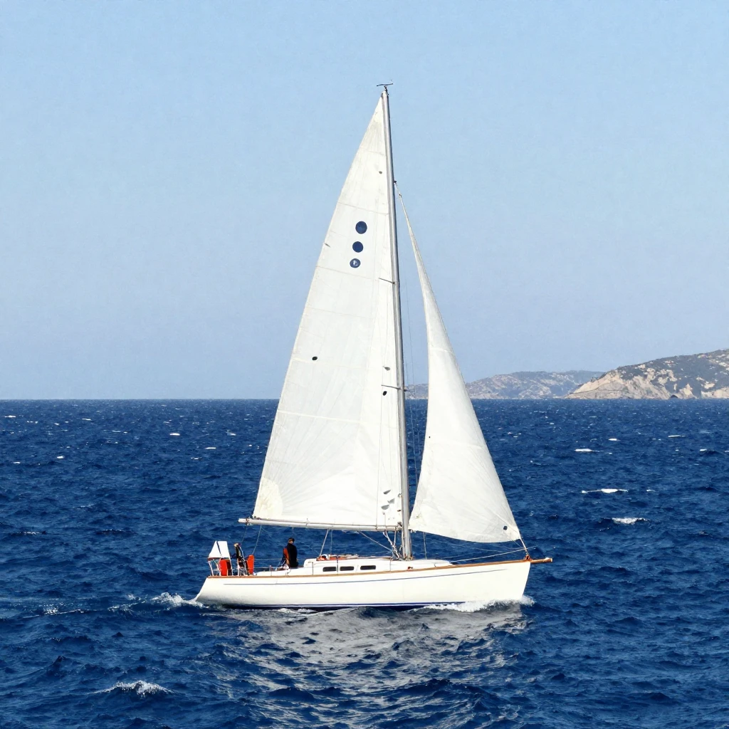 A classic white sailboat with full sails moving across a dee...