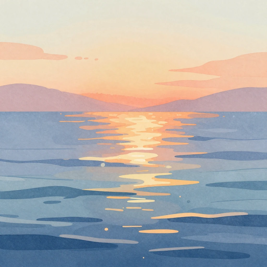 Vibrant watercolor illustration of a serene sea scene at dus...