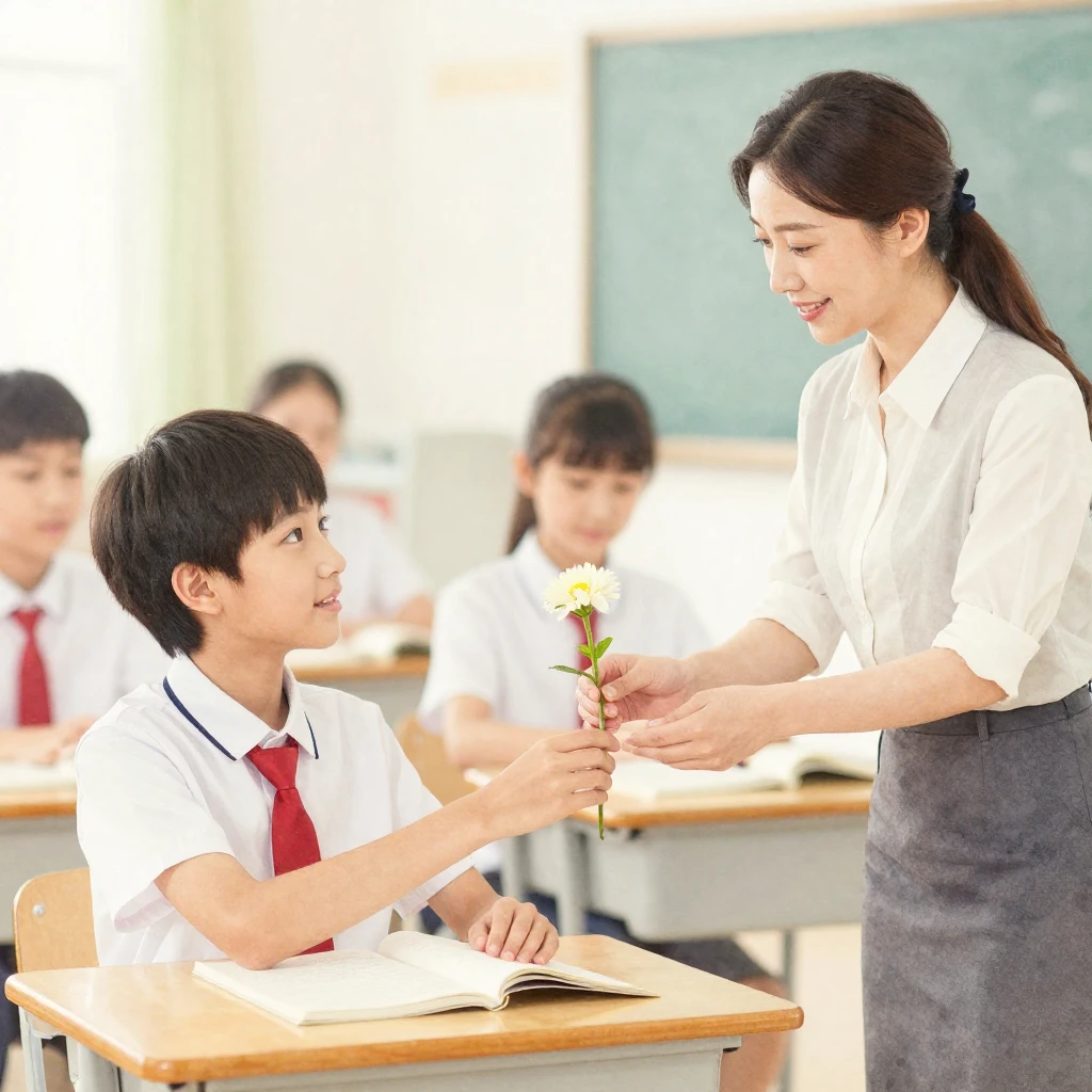 A serene, artistic representation of a student handing a flo...