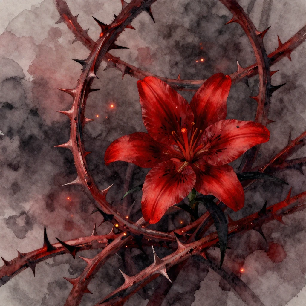 Close-up of intertwined thorny vines, deep red and black col...