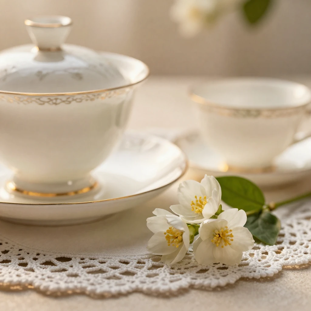 A pristine porcelain tea set, delicate patterns, illuminated...