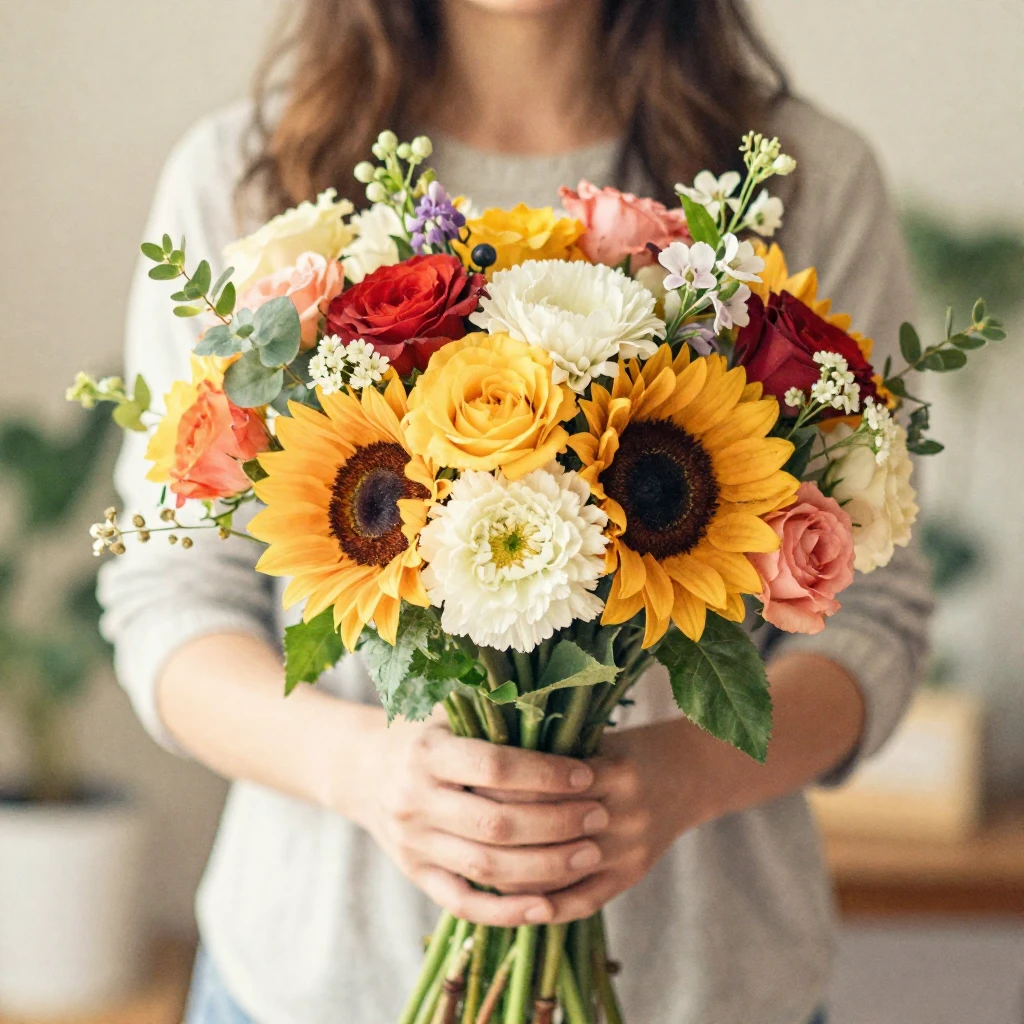 A person's hands gently holding a large, vibrant bouquet of ...