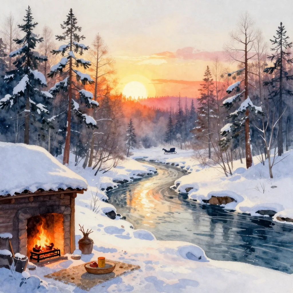 A vibrant watercolor painting depicting a serene winter morn...