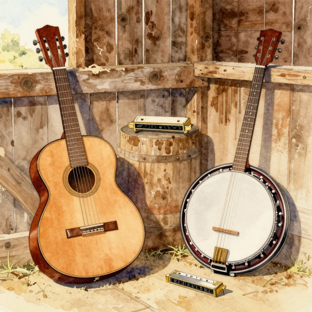 Watercolor painting of traditional American folk music instr...