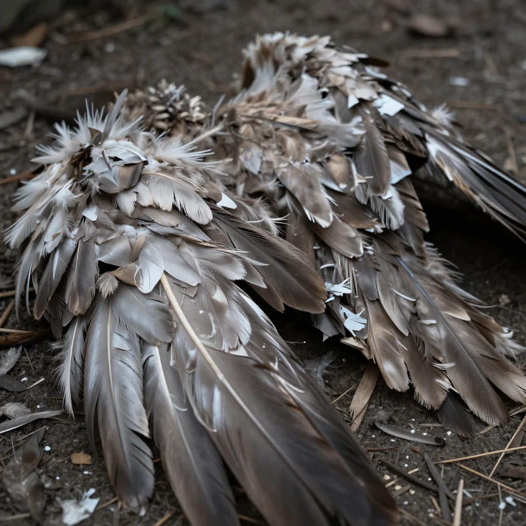 A close-up of large, tattered, and broken feathered wings ly...