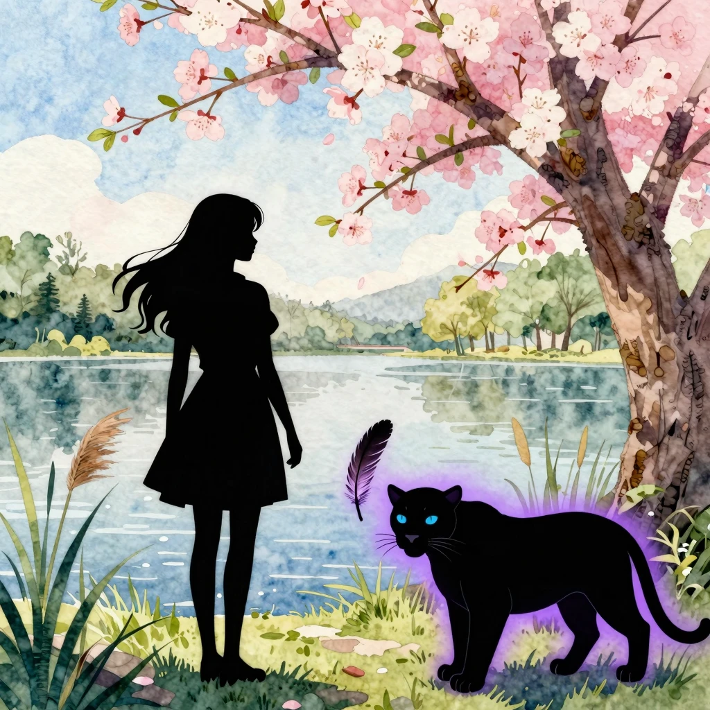Watercolor style. Silhouette of a girl near a lake with reed...