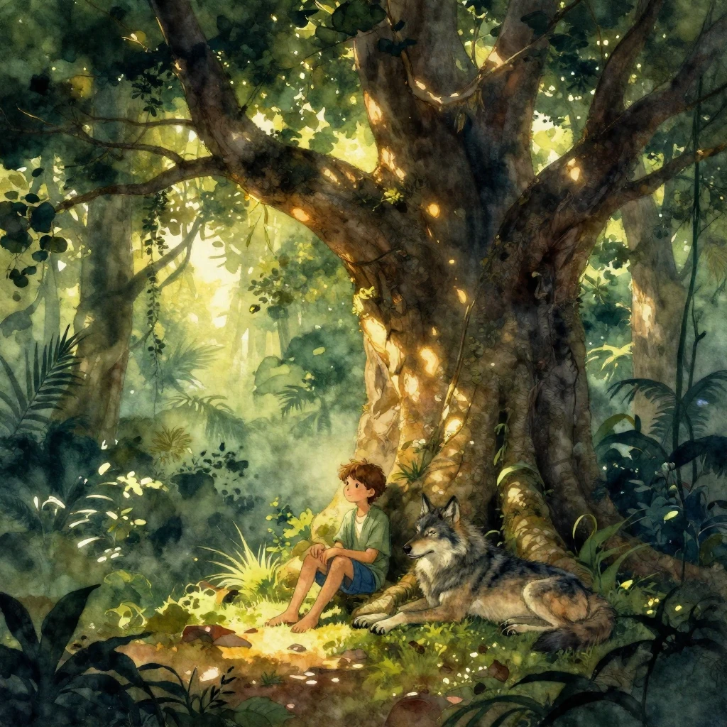 A boy and a wolf sitting together peacefully under a giant a...