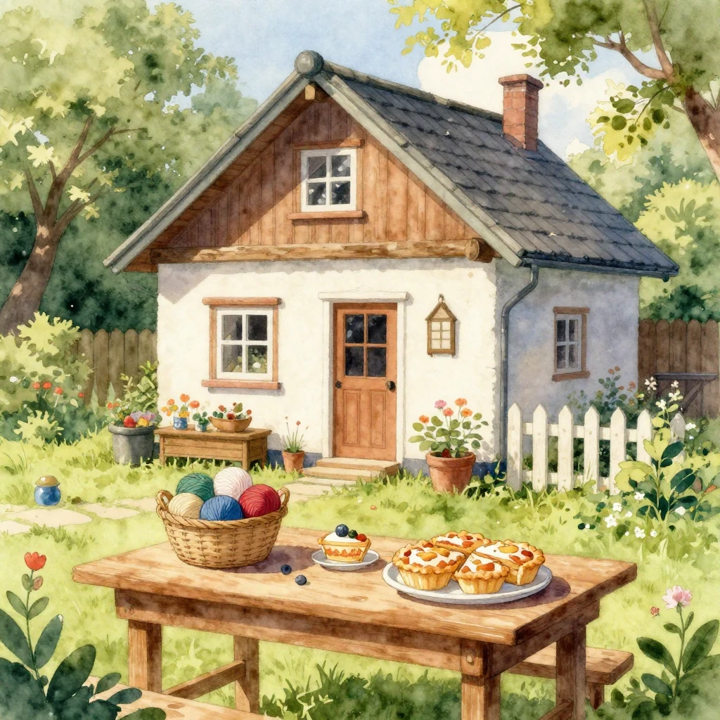 A charming sunlit dacha house in a lush garden, with a woode...