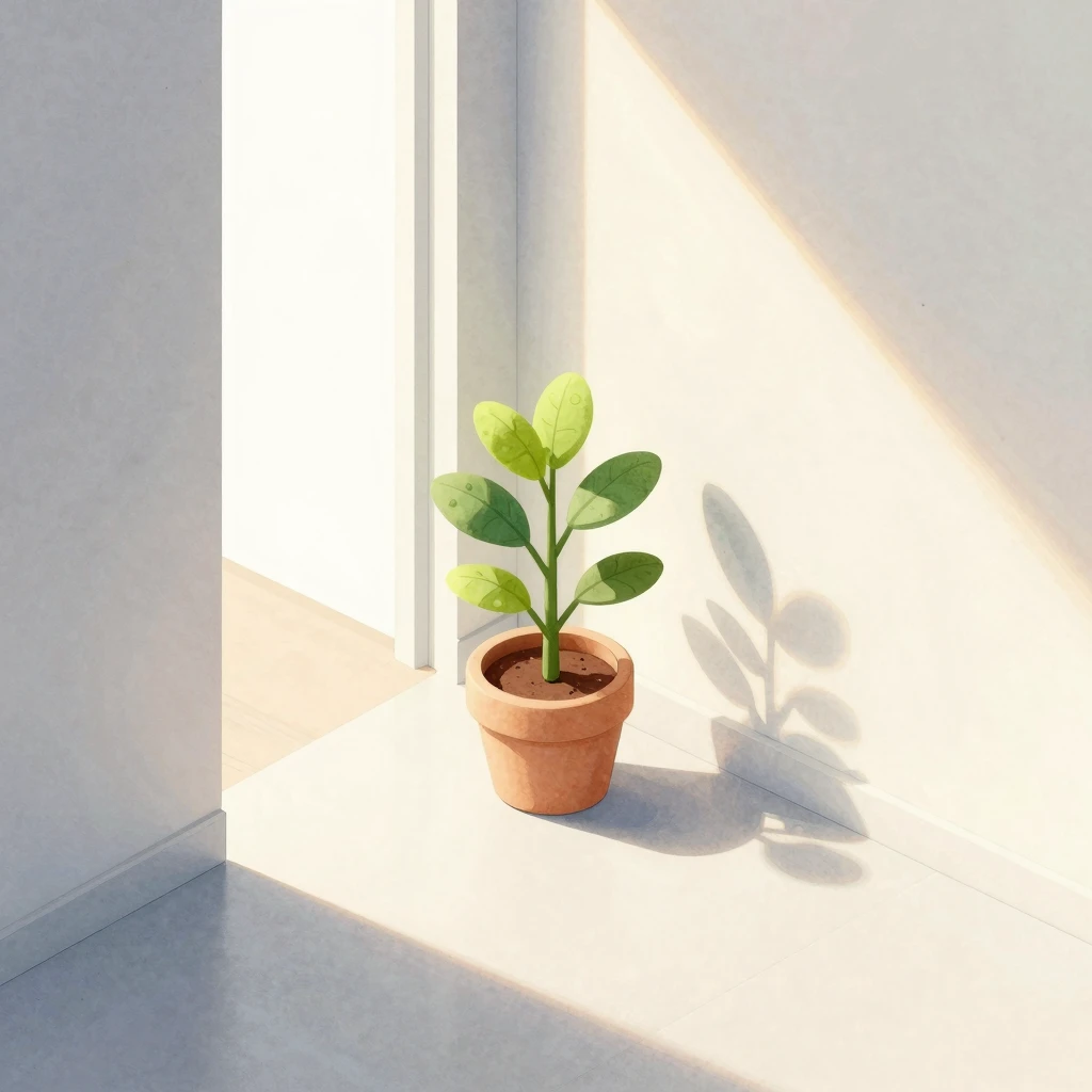 Watercolor style, small green plant in a pot in a clean mode...