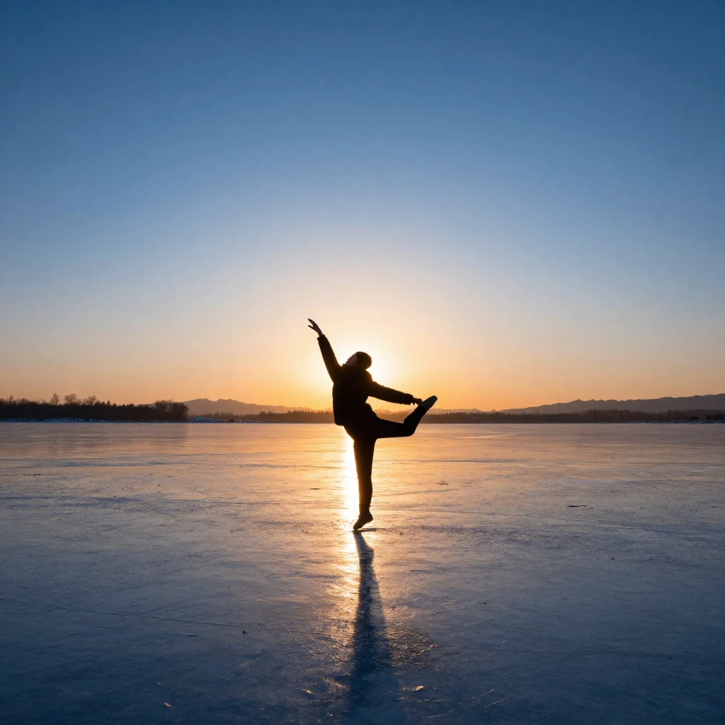 A solitary figure, mid-dance, on a vast, frozen lake. The su...