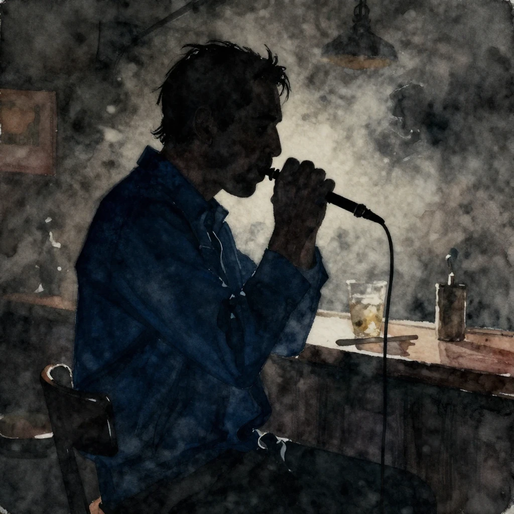 A lone blues musician, silhouetted figure playing a harmonic...