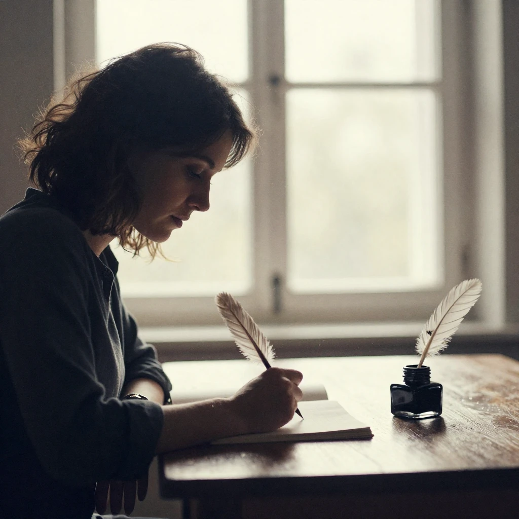 A silhouette of a woman writing with a quill pen near a wind...