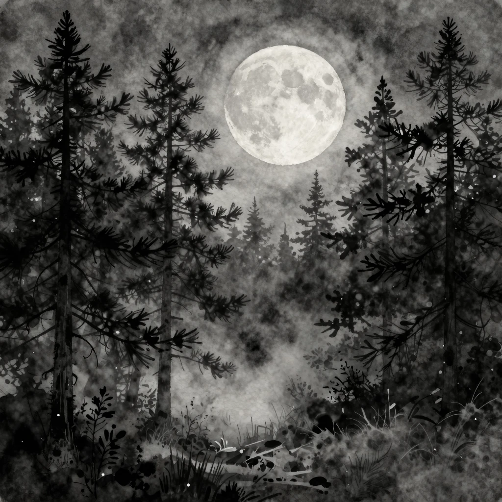 Watercolor style. A dark, misty pine forest at night under a...