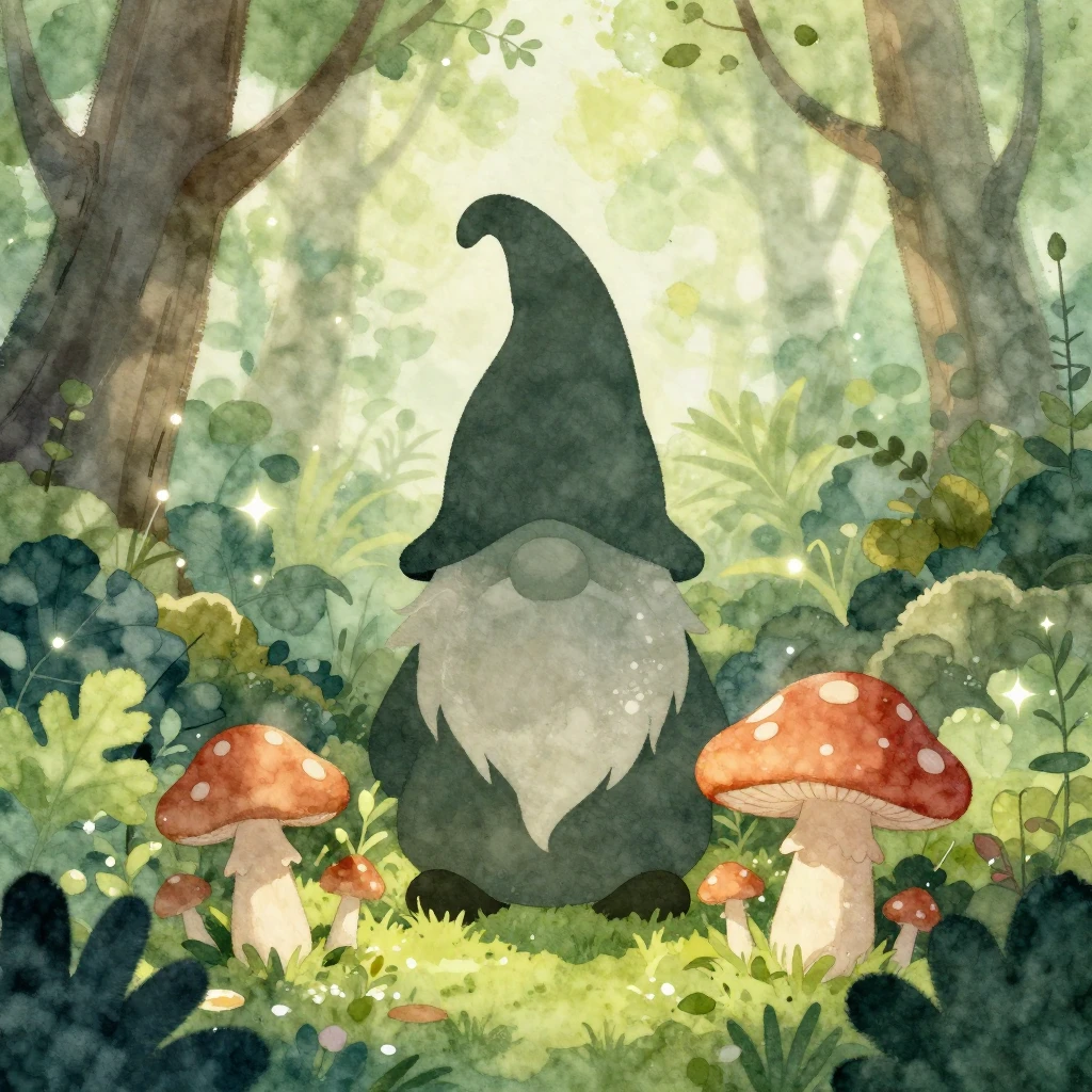 A small, friendly gnome silhouette with a pointed hat and lo...