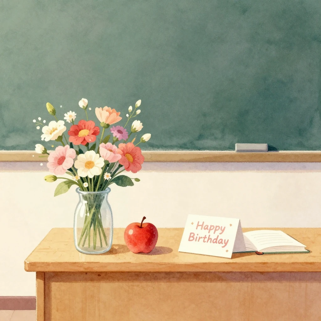 A warm watercolor illustration of a teacher's desk with a bo...